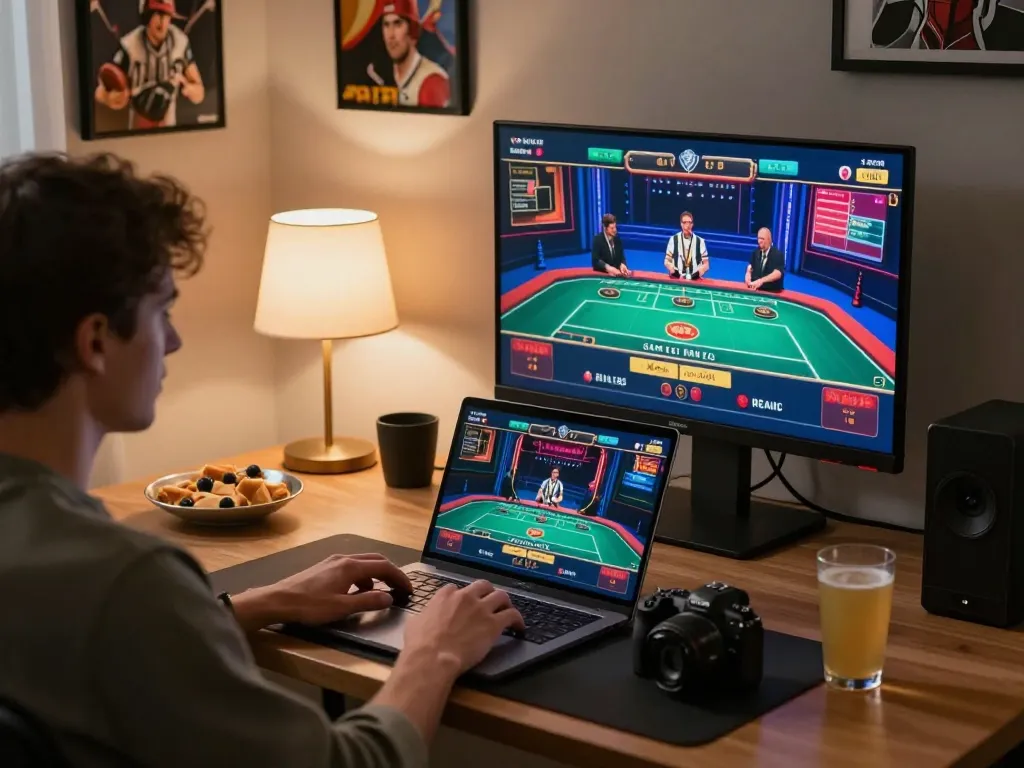 Engaged player experiencing bj886 live casino action on a laptop during cozy home gaming session.