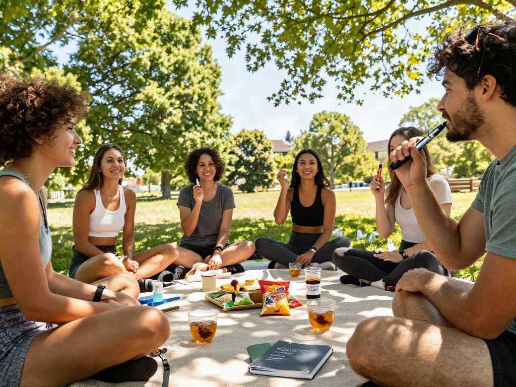 Muha meds disposable vape pen enjoyed in a natural outdoor wellness gathering with snacks and herbal teas.