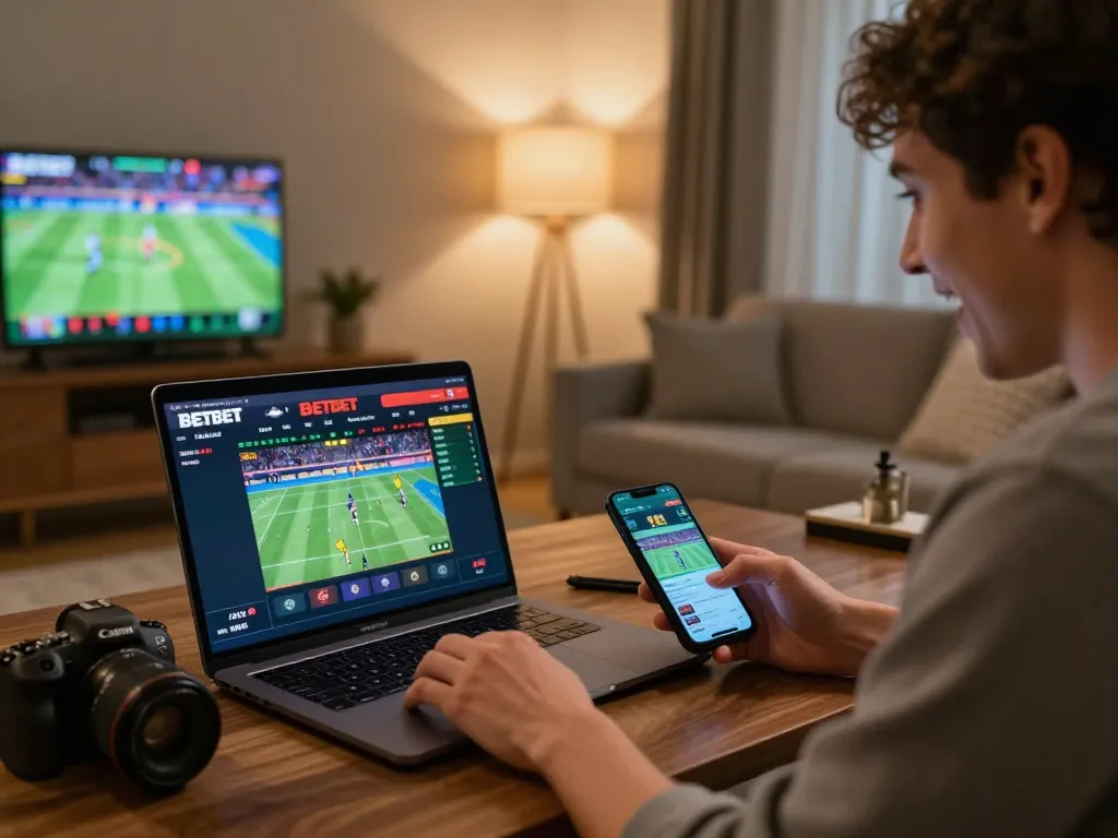 Engaged player exploring BETBET online gaming options, showcasing modern gaming setup.