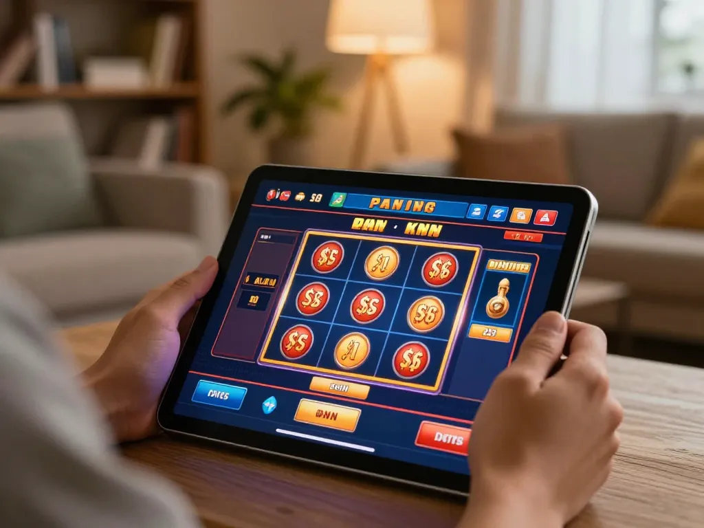 L567 player engaging in online slots on tablet in cozy home setting