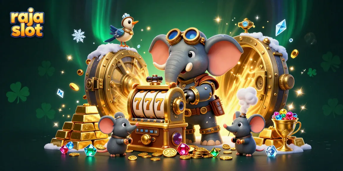 Raja slot dengan gajah teknik steampunk mengoperasikan mesin slot berkilau dan harta karun berlimpah.