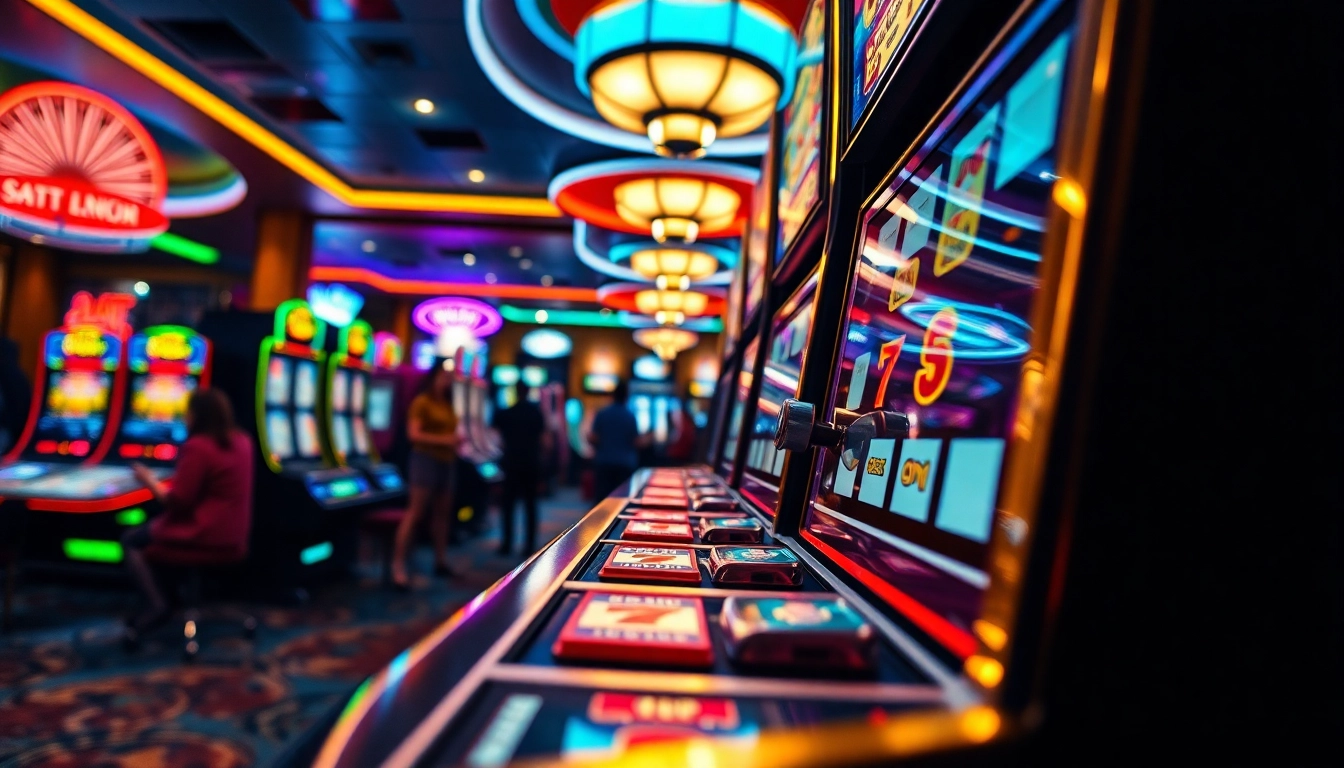 Slot Depo 5000 menampilkan pemain yang bersemangat di mesin slot mewah.