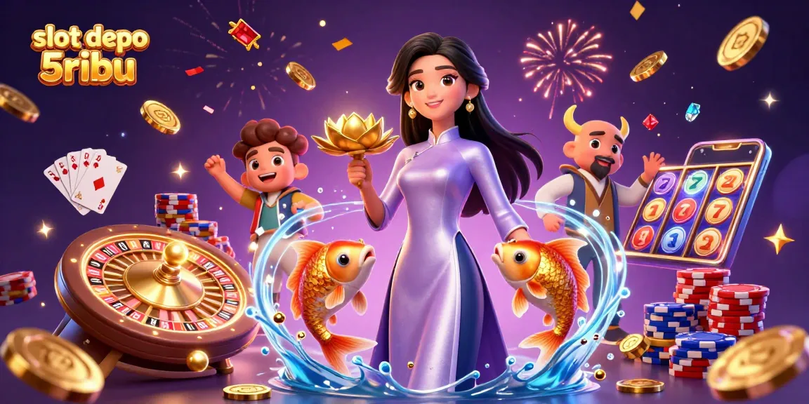 Spin and win with slot depo 5ribu, showcasing vibrant casino elements in an energetic scene.