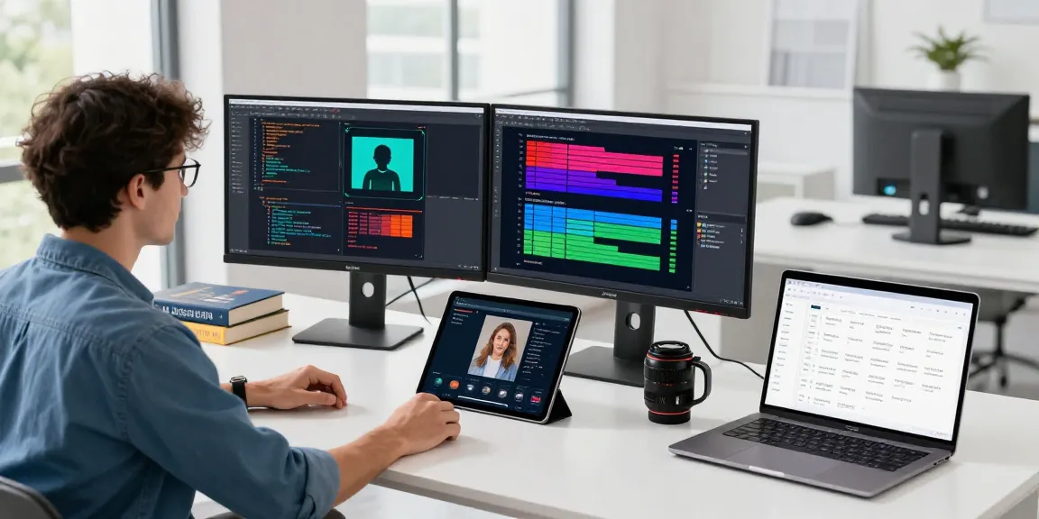 Free AI detector in a modern workspace where a data scientist analyzes AI-generated images on dual monitors, capturing a focused atmosphere.