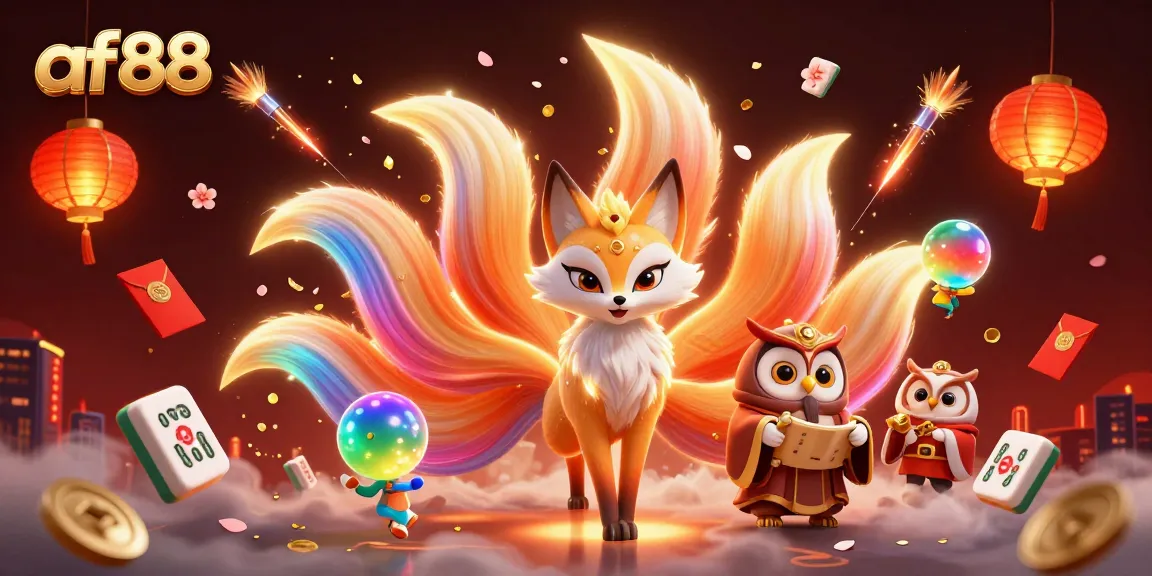 Experience thrilling excitement with af88 as a glowing nine-tailed fox spirit and wise owl sage illuminate a vibrant gambling scene.