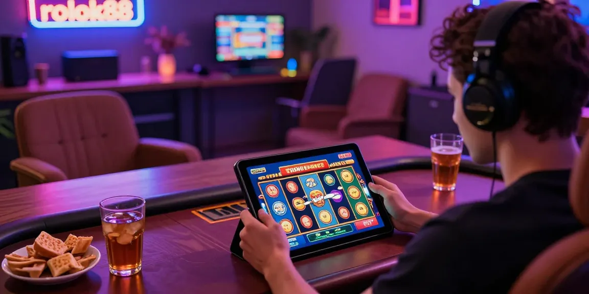 Player enjoying rokok88 slot login in a vibrant home casino setup