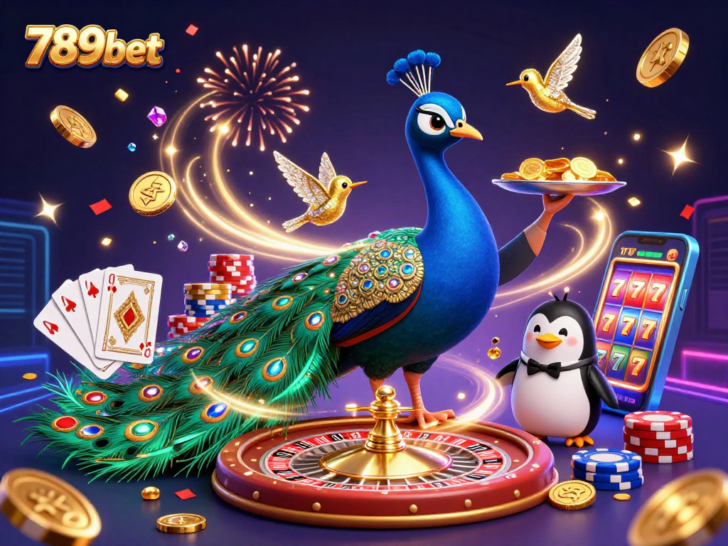 Engage in exciting games at 789bet with vibrant 3D visuals depicting a peacock, butler, and hummingbird.