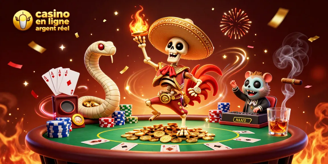 Jouez à des jeux captivants sur un casino en ligne argent réel avec une scène festive de personnages dynamiques.