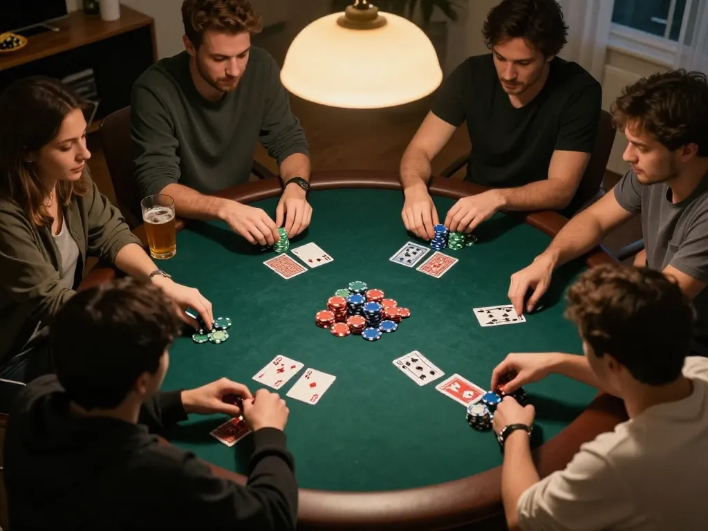 Friends engaging in a home poker night, showcasing strategic gameplay and camaraderie with fly88 branding.