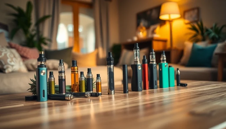 Cannabis vape products displayed on a stylish table, showcasing their elegant design and quality.