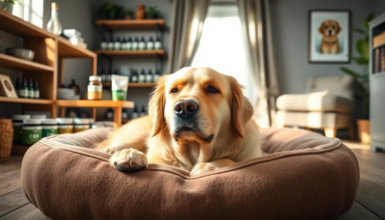 Soothing CBD For Pet products enhancing a dog's relaxation in a warm home environment.