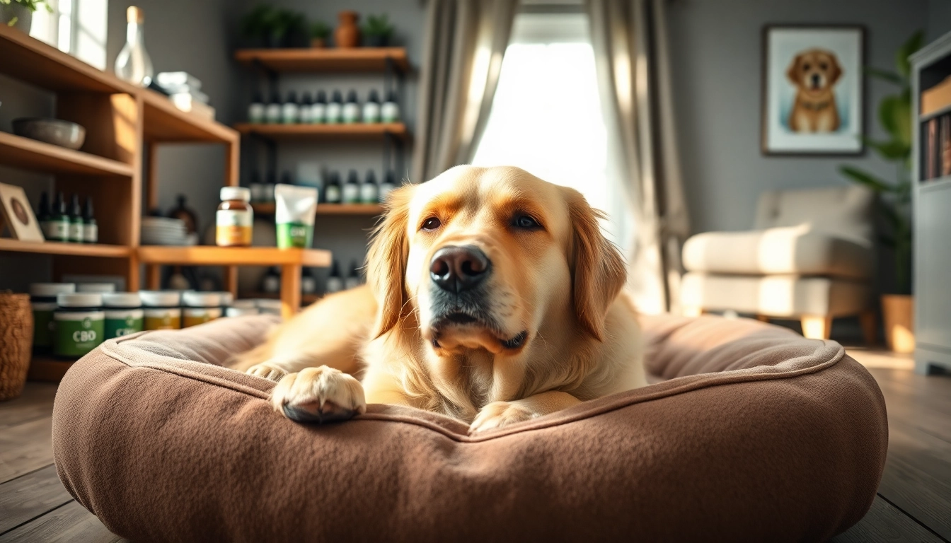 Soothing CBD For Pet products enhancing a dog's relaxation in a warm home environment.