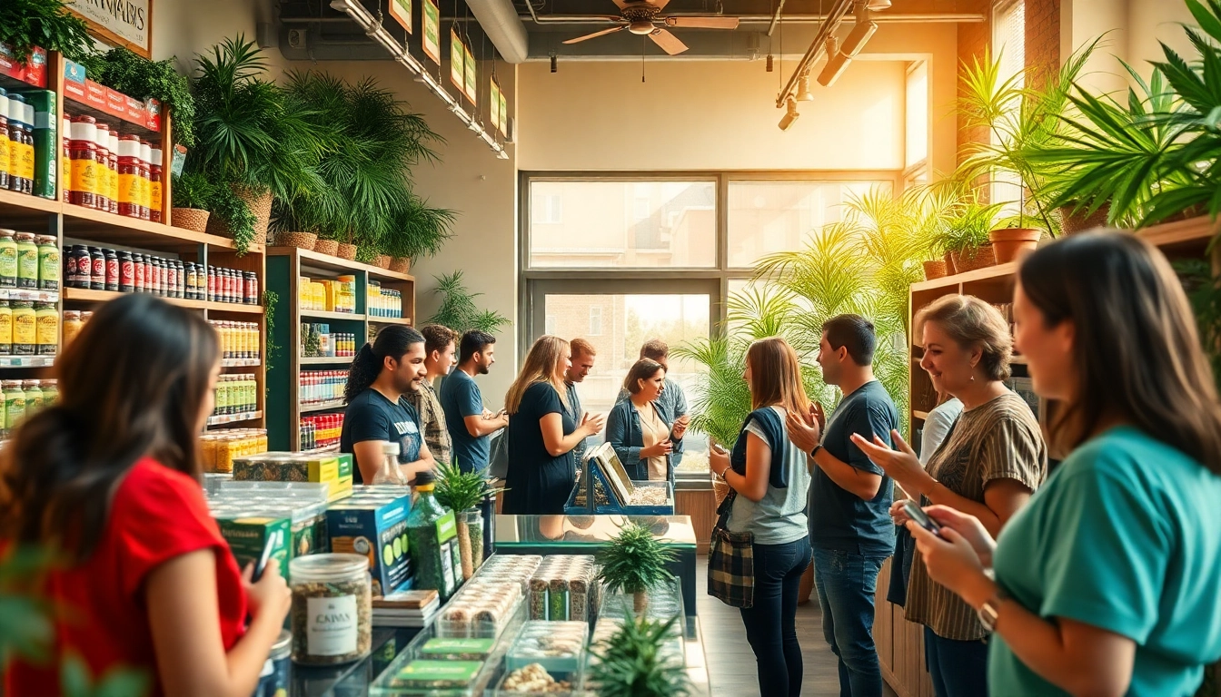 Customers browsing products in a colorful Weed Store, enjoying a friendly atmosphere and knowledgeable staff.
