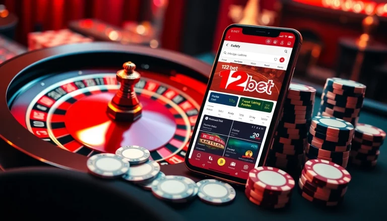Engaging visual of online gambling with 'ink vao 12bet' on a smartphone display, featuring casino elements.
