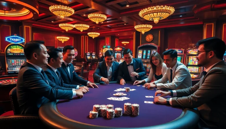 Exciting poker game at Thabet Casino, featuring players and vibrant casino elements.