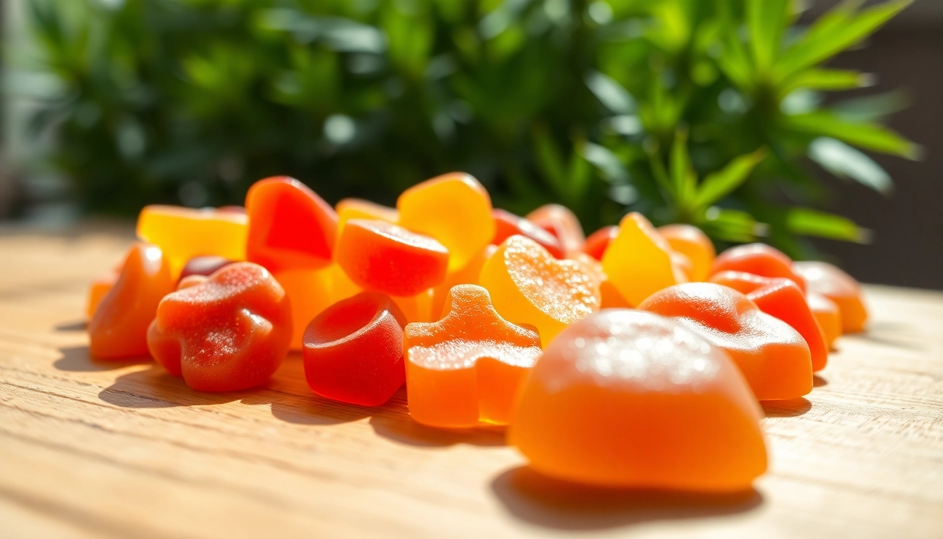 Enjoy vibrant Weed Gummies displayed on a wooden table, highlighting their colorful textures.
