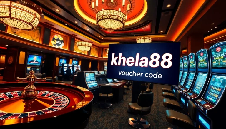 Khela88 voucher code showcased prominently in a luxurious casino scene filled with excitement and betting opportunities.