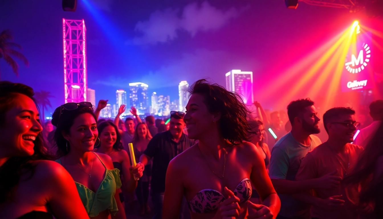 Dancers enjoying the vibrant miami rave under colorful neon lights showcasing joy and movement.