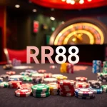 RR88 casino scene showcasing a modern poker table, roulette wheel, and slot machine in a vibrant setting.