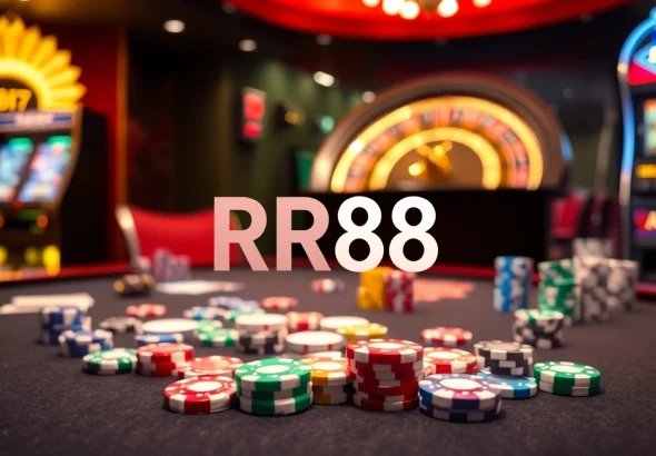 RR88 casino scene showcasing a modern poker table, roulette wheel, and slot machine in a vibrant setting.
