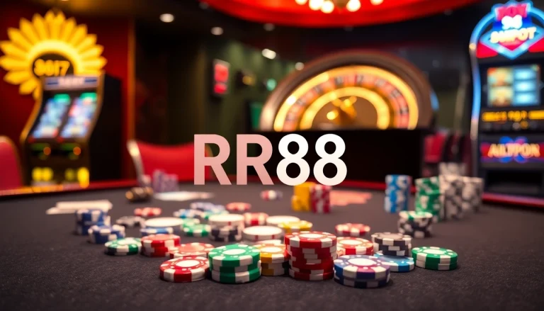 RR88 casino scene showcasing a modern poker table, roulette wheel, and slot machine in a vibrant setting.