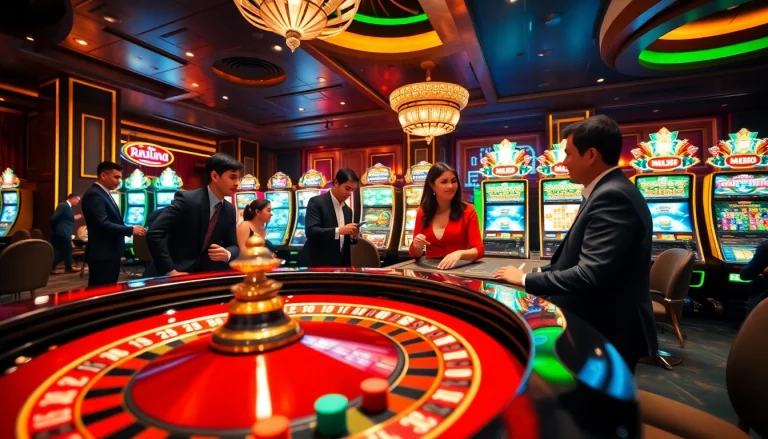 MM88 casino scene with luxurious roulette gameplay and vibrant slot machines