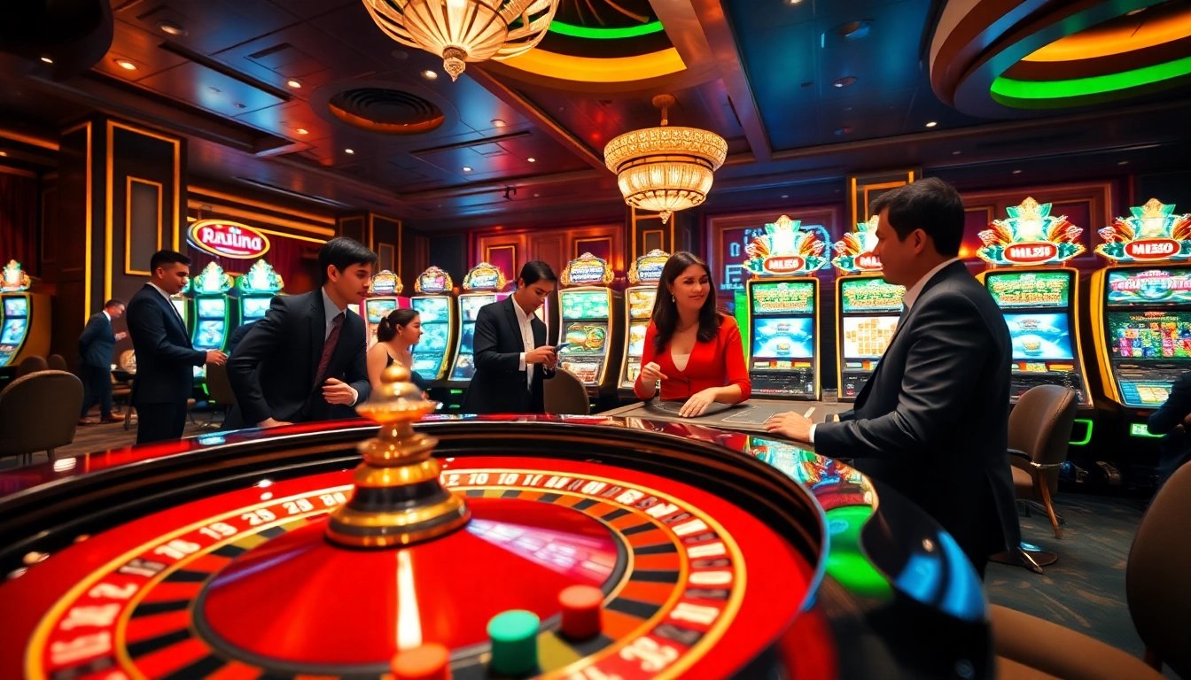 MM88 casino scene with luxurious roulette gameplay and vibrant slot machines