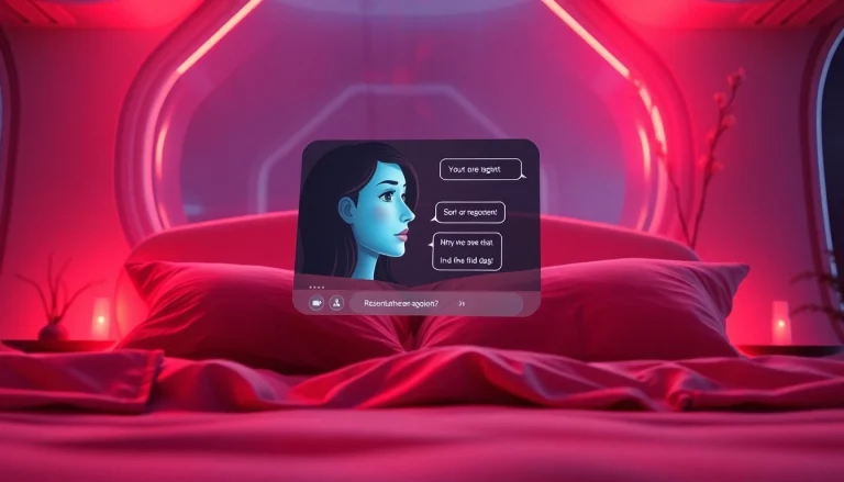 An engaging AI porn chat interface in a futuristic bedroom, highlighting intimate interaction with a virtual character.