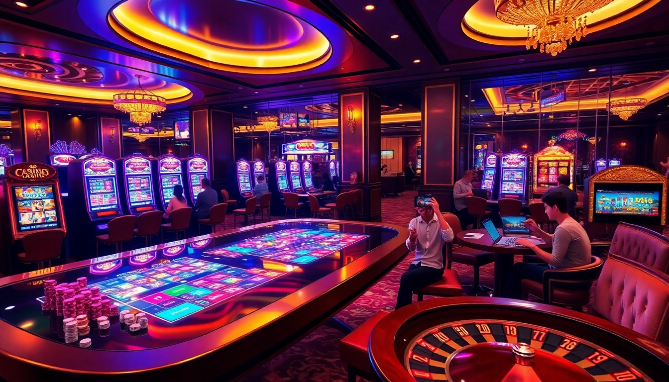 Experience bk8thai ทางเข้า with vibrant slots and elegant gaming tables in a luxury casino setting.