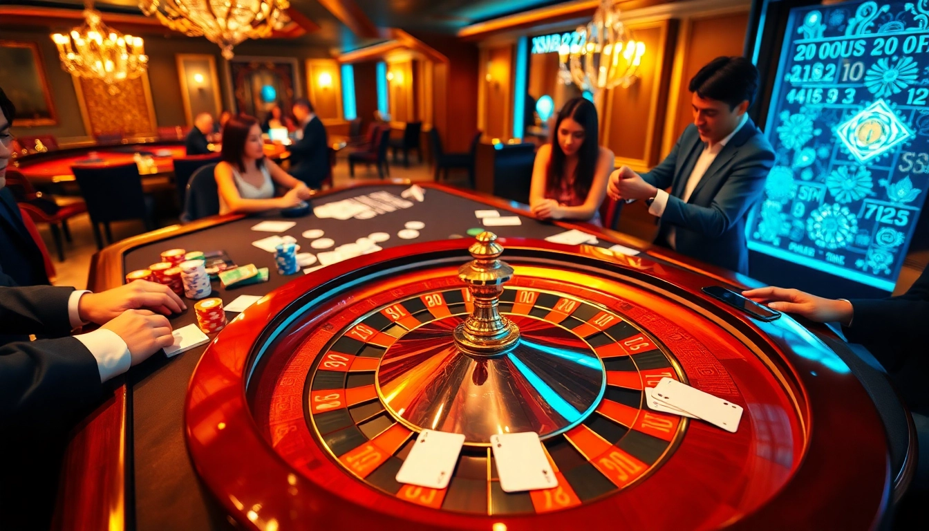 XSMB247 gamblers placing bets at a luxurious casino table, showcasing excitement and anticipation.