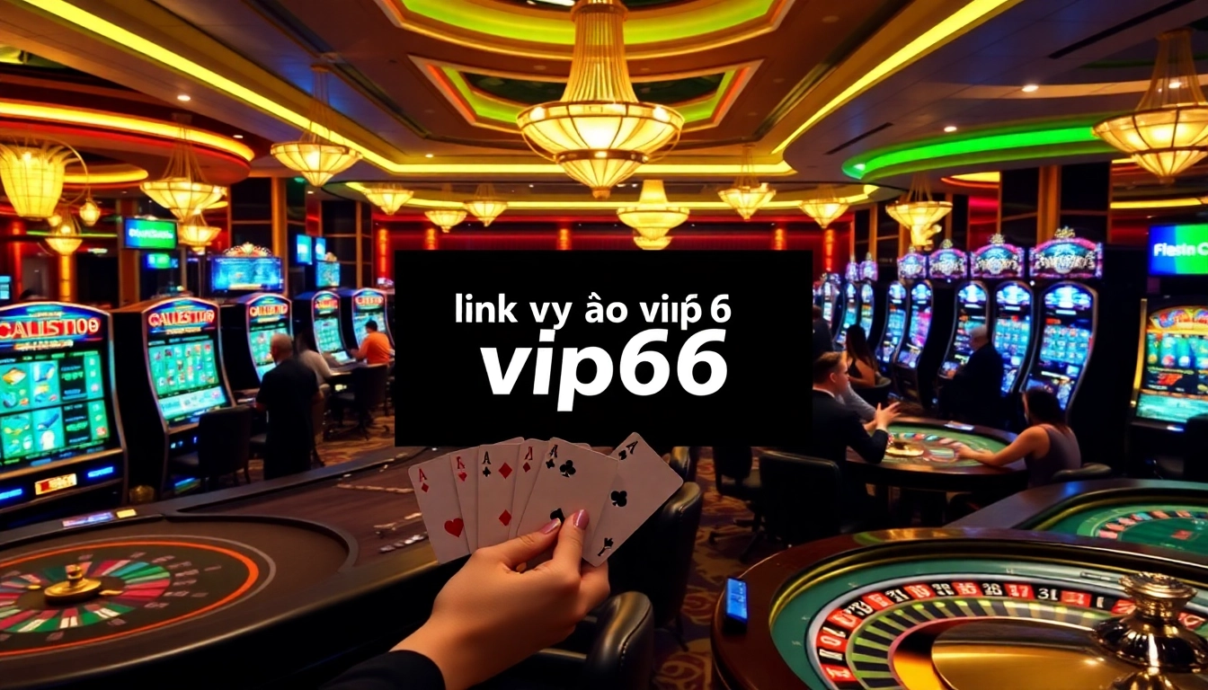 Experience the thrill of casino games with "link vào vip66" showcased amidst an exciting gambling scene.