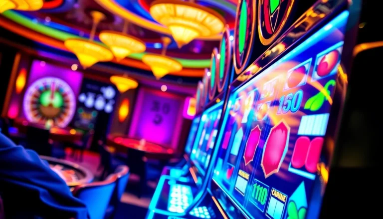 Engaged player winning on idn slot machine in vibrant casino atmosphere.