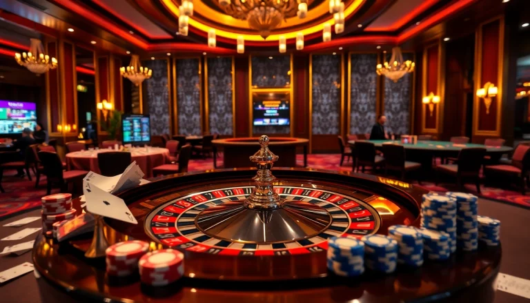 A professional migration agent melbourne discussing strategies amidst a luxurious casino setting with roulette and poker elements.