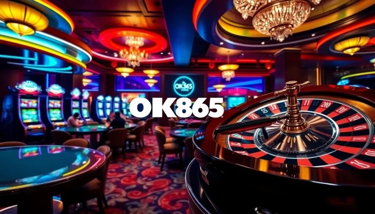 Exciting casino scene featuring players at OK365 tables with vibrant lighting and poker chips.