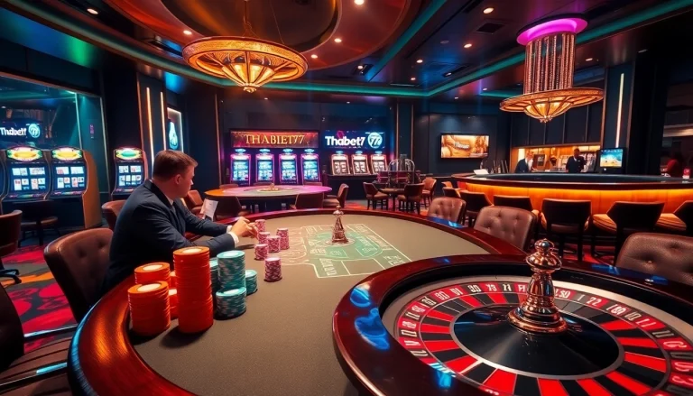 Experience the excitement of Thabet77's professional casino environment with high-stakes poker games and vibrant slot machines.