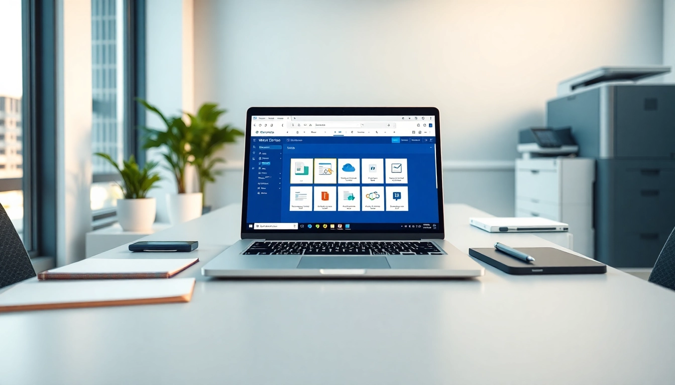 高科技办公工作区，展示笔记本电脑上的WPS下载软件。