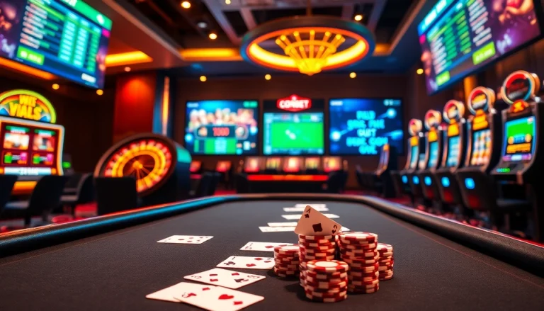 Engaging scene of online gambling featuring llink alternatif sbobet with poker chips and vibrant digital screens.