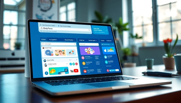 Comparison of OnlyFans search engines presented in a vibrant chart within a high-tech workspace.