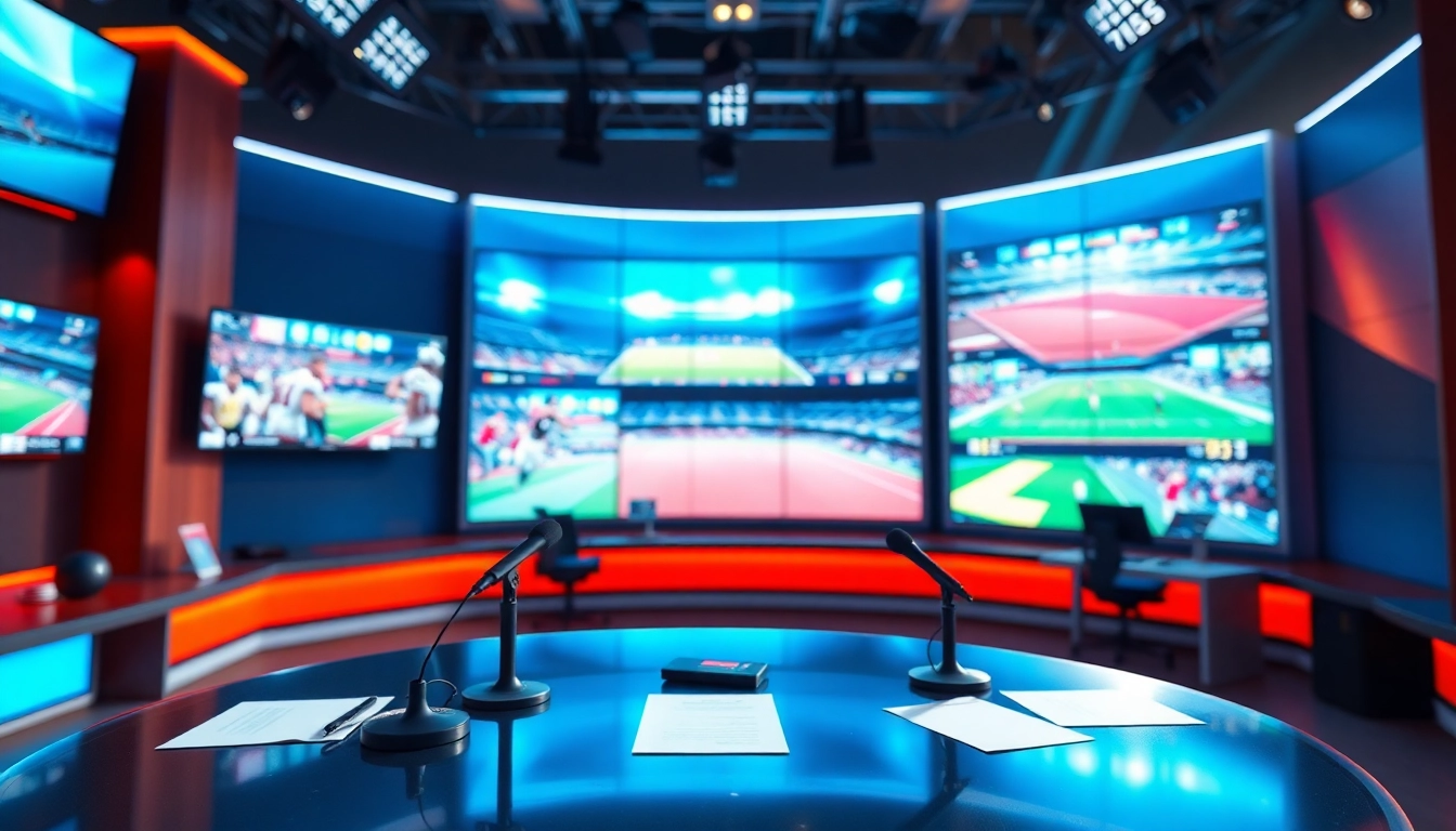 Professional sports broadcasting setup with dynamic screens and energetic ambience.