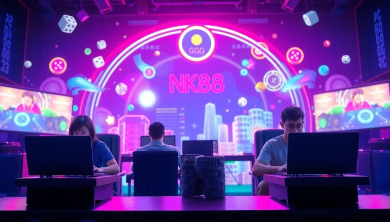 Engaging gaming scene with players and consoles, highlighting NK88 GG in a vibrant digital setting.