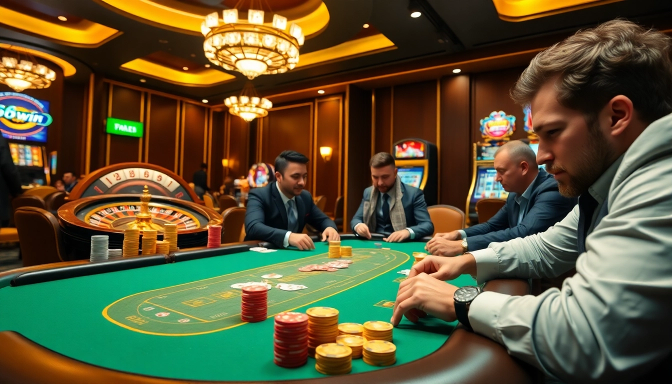 68win gambling enthusiasts enjoying a high-stakes poker game with vibrant casino ambiance.