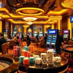 Jun88 presents an exciting casino scene with players at roulette and slot machines showcasing vibrant gambling action.