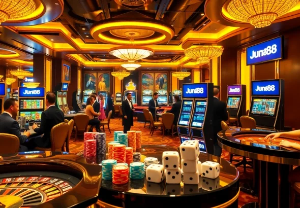 Jun88 presents an exciting casino scene with players at roulette and slot machines showcasing vibrant gambling action.