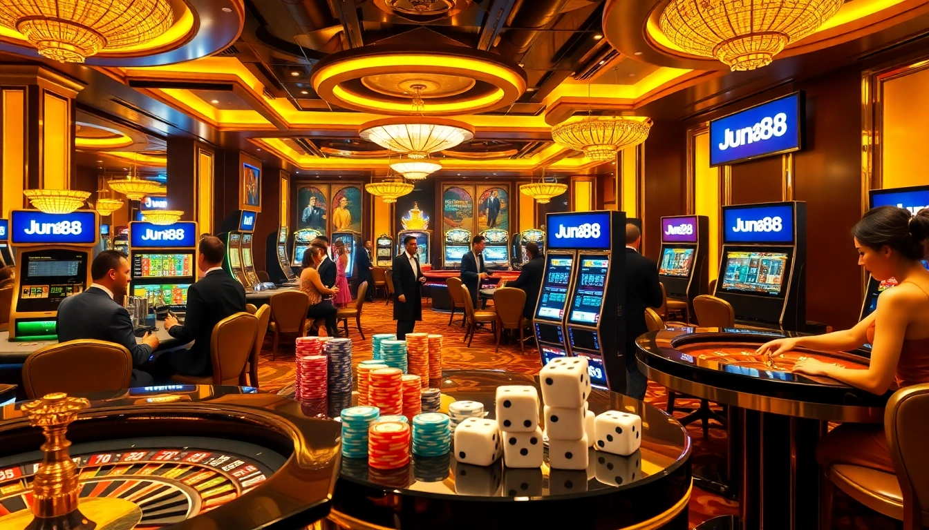 Jun88 presents an exciting casino scene with players at roulette and slot machines showcasing vibrant gambling action.