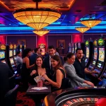 Experience excitement at idnslot with vibrant slot machines and engaged players in a luxurious casino atmosphere.