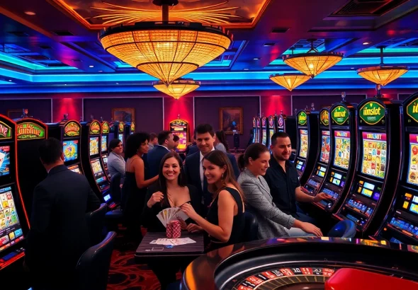 Experience excitement at idnslot with vibrant slot machines and engaged players in a luxurious casino atmosphere.