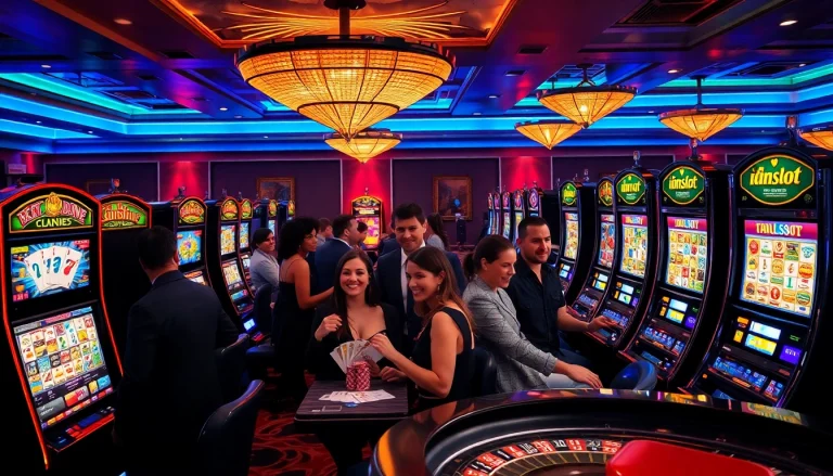 Experience excitement at idnslot with vibrant slot machines and engaged players in a luxurious casino atmosphere.