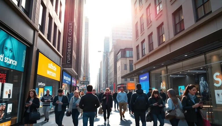 Ecommerce web development NYC featuring a vibrant street scene with digital storefronts and shoppers interacting with technology.