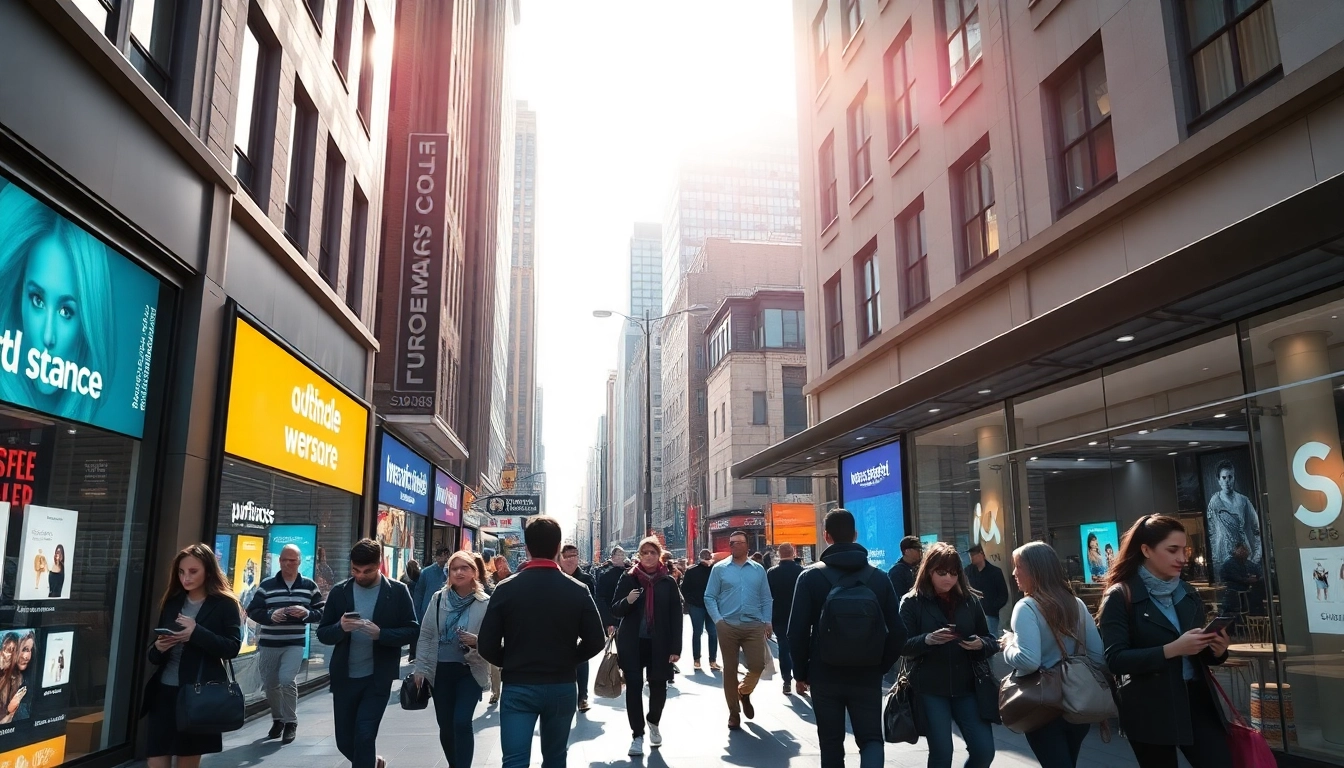 Ecommerce web development NYC featuring a vibrant street scene with digital storefronts and shoppers interacting with technology.