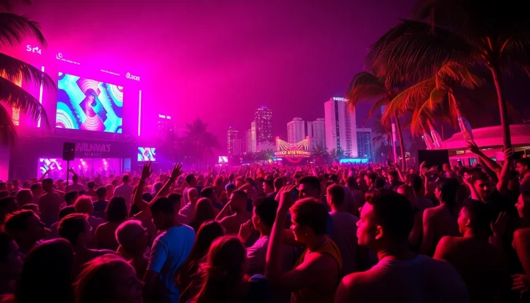 Engaging scene of a Miami rave with neon lights and dancing crowds.